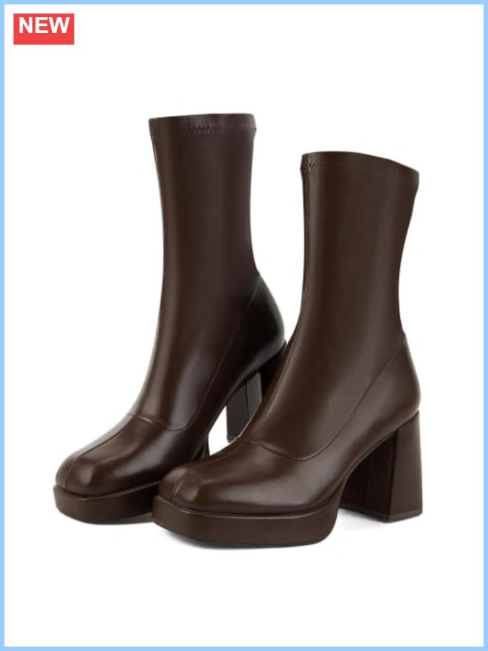 Platform Ankle Boots Square Toe Chunky Block Heel Pull-On Faux Leather